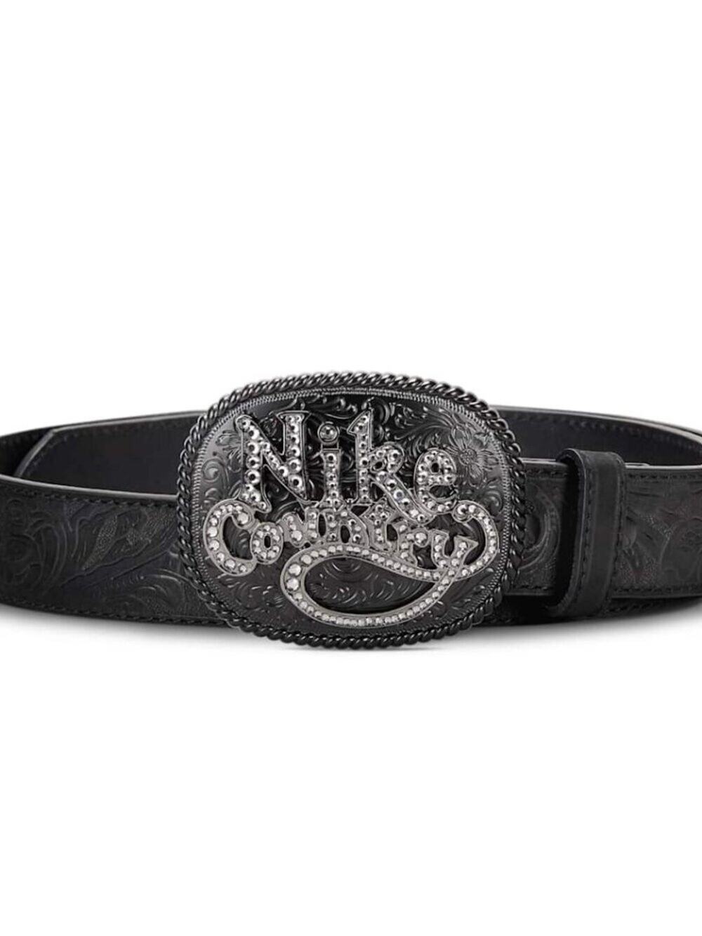 Nike Country Rhinestone Plaque Buckle Embossed Leather Belt - Black - Size L